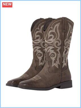 Women's Square Toe Western Cowboy Boots Faux Leather Mid-Calf